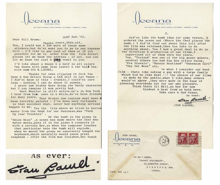 Stan Laurel Letter Signed With His Full Signature ''Stan Laurel'' -- Laurel Describes a Scene Cut From ''Swiss Miss'': ''...Re the bomb in the piano in 'Swiss Miss'...''